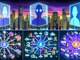 Futuristische Nacht-Metropole mit leuchtenden Chatfenstern, KI-Bots in Hochhausfassaden, innovative Chat-Interfaces, technische Netzwerkinfrastruktur, Personalisierung und moderne Suchmaschinensnippets, abgerundet von Zukunftsvisionen und einem kreativen Team beim Umbruch klassischer Werbung.