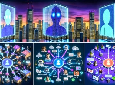Futuristische Nacht-Metropole mit leuchtenden Chatfenstern, KI-Bots in Hochhausfassaden, innovative Chat-Interfaces, technische Netzwerkinfrastruktur, Personalisierung und moderne Suchmaschinensnippets, abgerundet von Zukunftsvisionen und einem kreativen Team beim Umbruch klassischer Werbung.