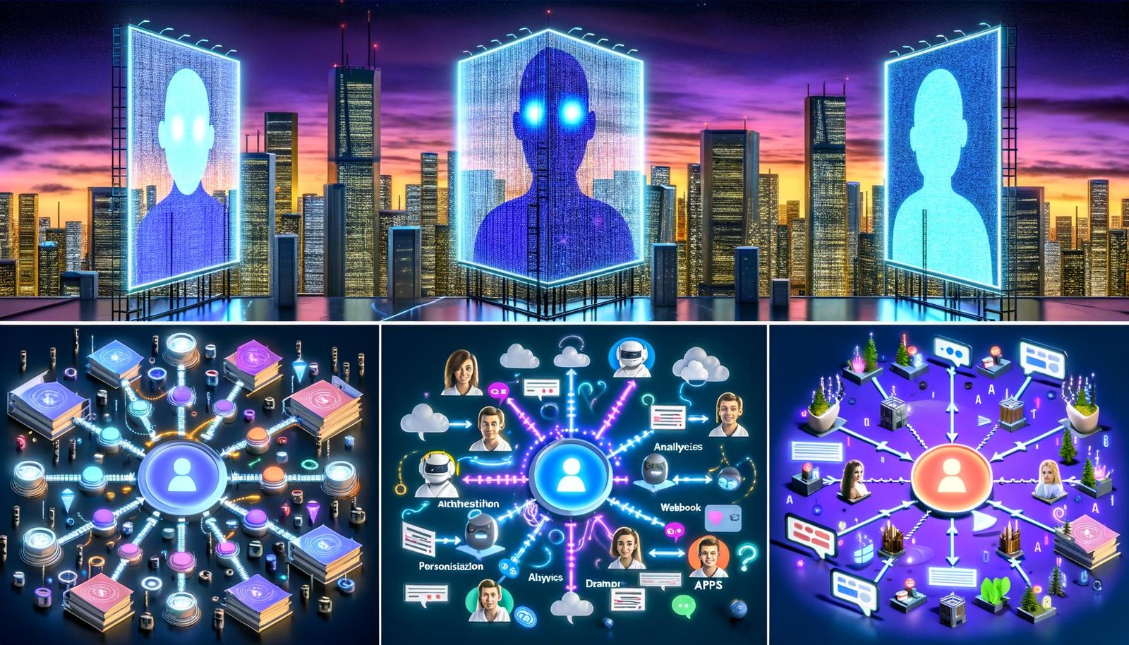 Futuristische Nacht-Metropole mit leuchtenden Chatfenstern, KI-Bots in Hochhausfassaden, innovative Chat-Interfaces, technische Netzwerkinfrastruktur, Personalisierung und moderne Suchmaschinensnippets, abgerundet von Zukunftsvisionen und einem kreativen Team beim Umbruch klassischer Werbung.