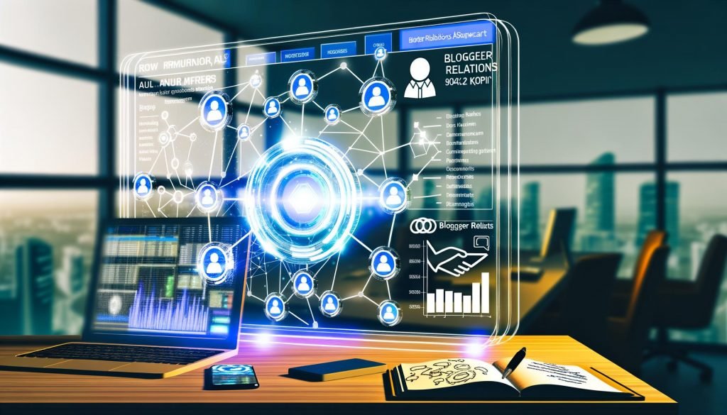 Futuristisches Büro-Setting 2025 mit moderner Benutzeroberfläche, Blogger-Profilen, Daten-Tools, KPIs, Laptop mit Blogger-Relations-Software, Smartphone und Notizen.