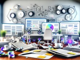 Chaotischer, moderner Arbeitsplatz mit SEO-Analytics, Content-Workflows, Affiliate-Dashboards, schwebenden Checklisten, Notizstapeln und digitalen Tools.
