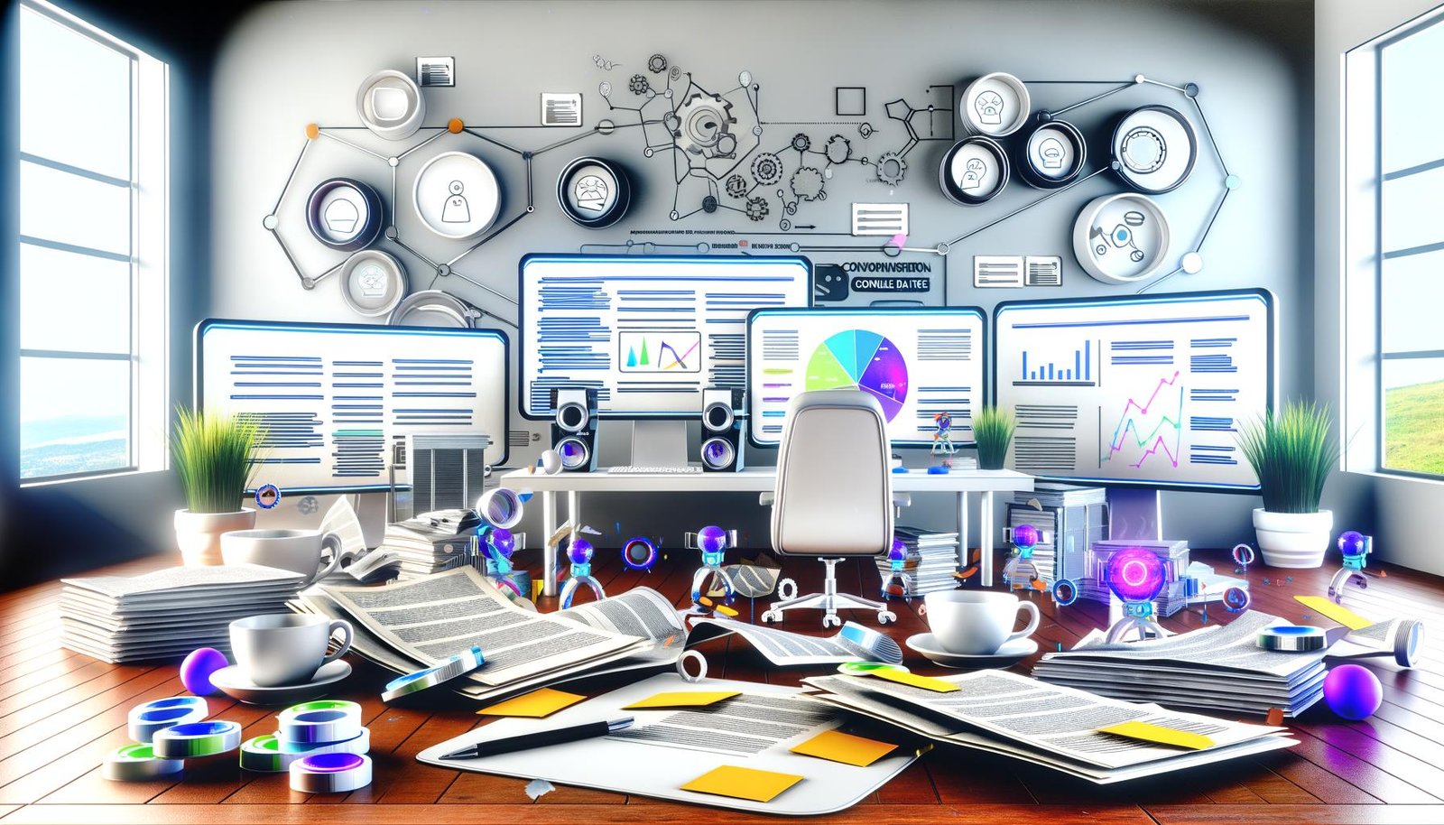 Chaotischer, moderner Arbeitsplatz mit SEO-Analytics, Content-Workflows, Affiliate-Dashboards, schwebenden Checklisten, Notizstapeln und digitalen Tools.