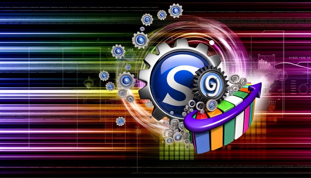 Glänzendes Joomla-Logo mit metallischen SEO-Symbolen, Zahnrädern, Ranking-Chart und Website-Modulen vor digitalem, farbintensivem Hintergrund.