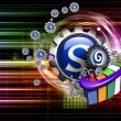 Glänzendes Joomla-Logo mit metallischen SEO-Symbolen, Zahnrädern, Ranking-Chart und Website-Modulen vor digitalem, farbintensivem Hintergrund.