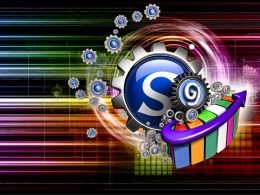 Glänzendes Joomla-Logo mit metallischen SEO-Symbolen, Zahnrädern, Ranking-Chart und Website-Modulen vor digitalem, farbintensivem Hintergrund.
