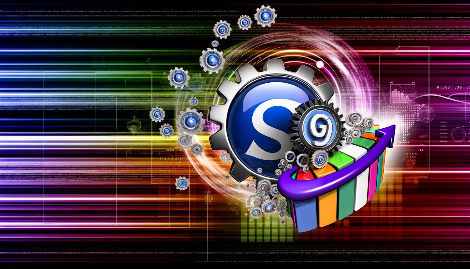 Glänzendes Joomla-Logo mit metallischen SEO-Symbolen, Zahnrädern, Ranking-Chart und Website-Modulen vor digitalem, farbintensivem Hintergrund.