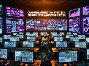 Marketer sitzt in einem dunklen Kontrollraum voller Monitore, Daten-Dashboards und verwirrender Marketingdiagramme, während neonfarbener Text Klarheit in das Marketing-Wirrwarr bringt.