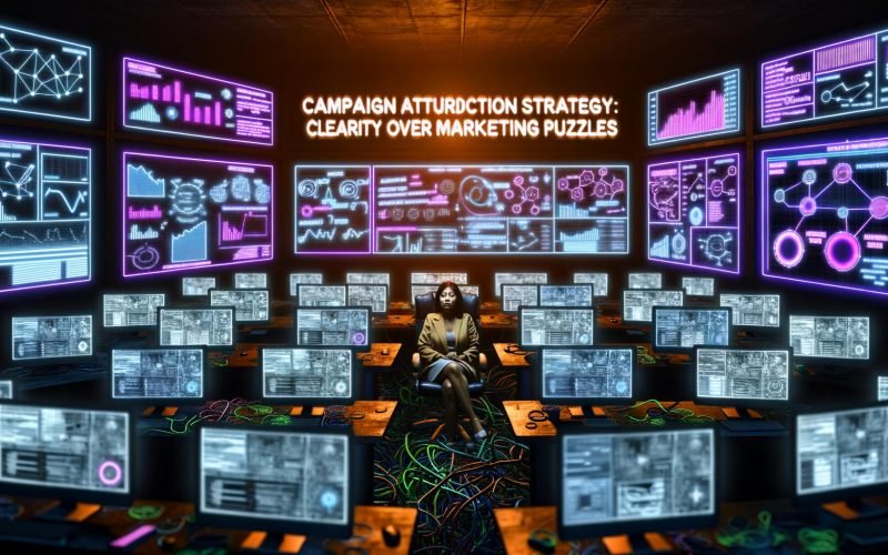 Marketer sitzt in einem dunklen Kontrollraum voller Monitore, Daten-Dashboards und verwirrender Marketingdiagramme, während neonfarbener Text Klarheit in das Marketing-Wirrwarr bringt.
