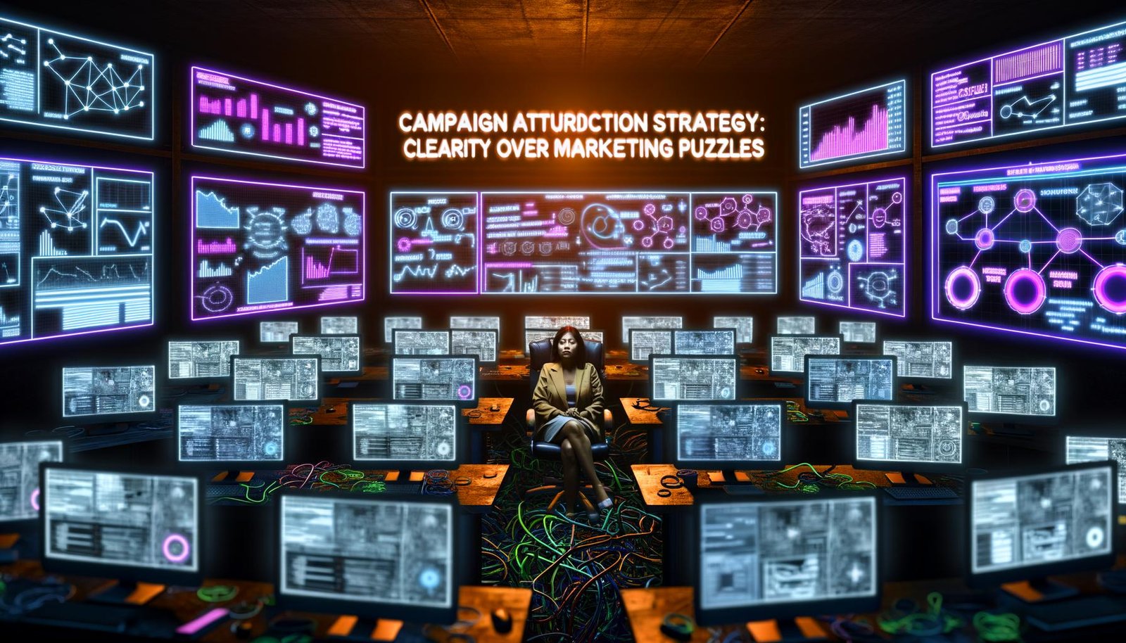 Marketer sitzt in einem dunklen Kontrollraum voller Monitore, Daten-Dashboards und verwirrender Marketingdiagramme, während neonfarbener Text Klarheit in das Marketing-Wirrwarr bringt.