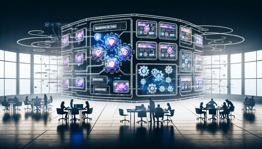 Futuristischer Arbeitsplatz mit digitalen KI-Dashboards, farbigen Werbevorlagen, Echtzeitdaten und Marketer in Kollaboration vor schwebenden Monitoren mit steigenden Metriken.