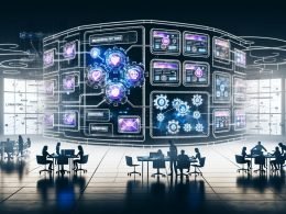 Futuristischer Arbeitsplatz mit digitalen KI-Dashboards, farbigen Werbevorlagen, Echtzeitdaten und Marketer in Kollaboration vor schwebenden Monitoren mit steigenden Metriken.