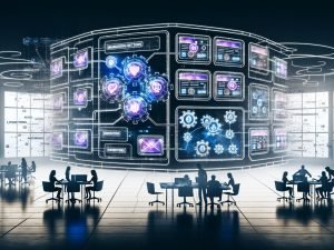 Futuristischer Arbeitsplatz mit digitalen KI-Dashboards, farbigen Werbevorlagen, Echtzeitdaten und Marketer in Kollaboration vor schwebenden Monitoren mit steigenden Metriken.