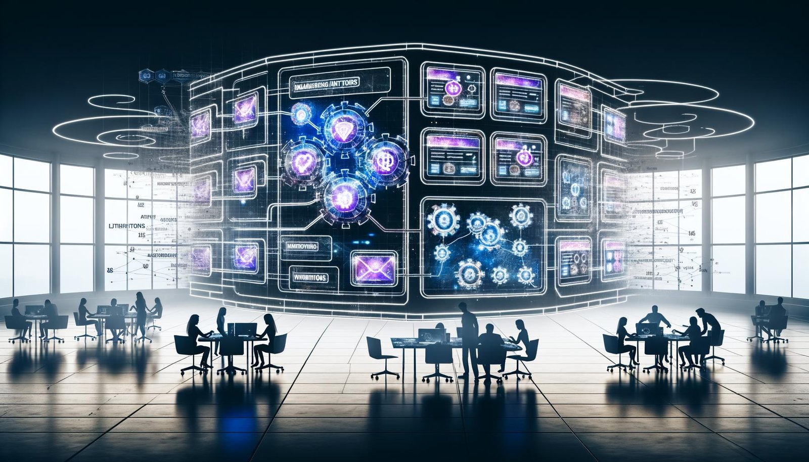 Futuristischer Arbeitsplatz mit digitalen KI-Dashboards, farbigen Werbevorlagen, Echtzeitdaten und Marketer in Kollaboration vor schwebenden Monitoren mit steigenden Metriken.