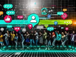 Diverses Team von Bloggers und Digital Creators zeigt auf holografische digitale Icons vor einem abstrakten Hintergrund aus Code und Community-Elementen.