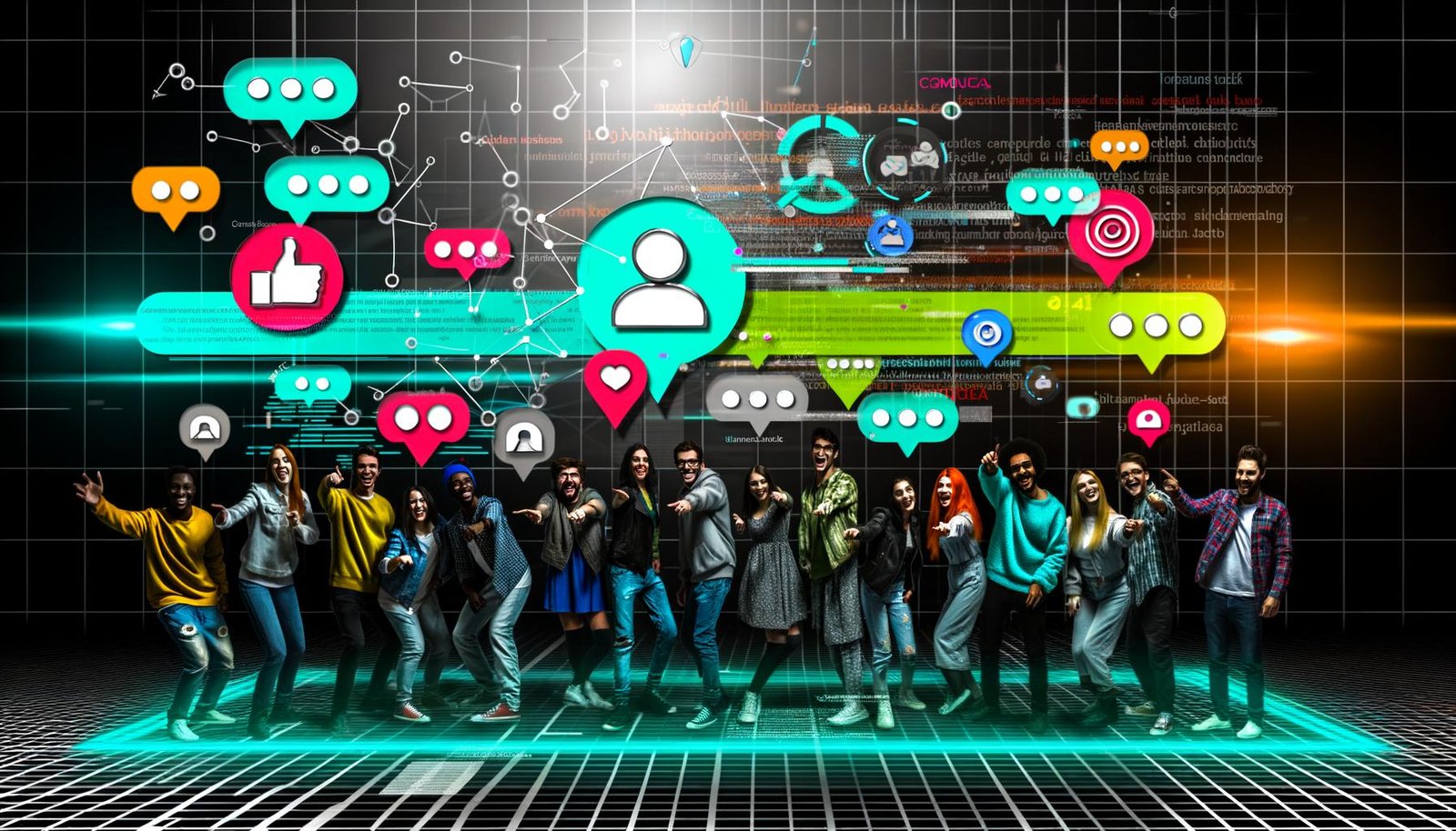 Diverses Team von Bloggers und Digital Creators zeigt auf holografische digitale Icons vor einem abstrakten Hintergrund aus Code und Community-Elementen.