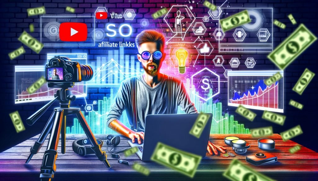 Dynamische 16:9-Illustration eines YouTubers an einem mit Technik ausgestatteten Schreibtisch, Monitoren mit Analytics und Affiliate-Dashboards sowie digitalen Symbolen für Monetarisierung und Kreativität.