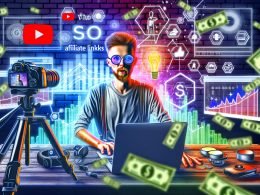 Dynamische 16:9-Illustration eines YouTubers an einem mit Technik ausgestatteten Schreibtisch, Monitoren mit Analytics und Affiliate-Dashboards sowie digitalen Symbolen für Monetarisierung und Kreativität.