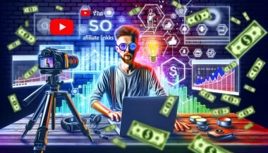 Dynamische 16:9-Illustration eines YouTubers an einem mit Technik ausgestatteten Schreibtisch, Monitoren mit Analytics und Affiliate-Dashboards sowie digitalen Symbolen für Monetarisierung und Kreativität.