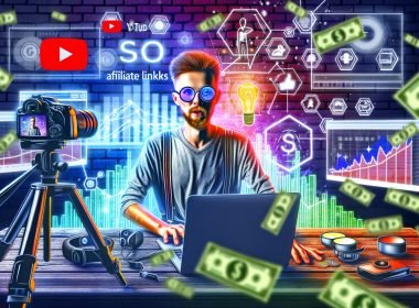 Dynamische 16:9-Illustration eines YouTubers an einem mit Technik ausgestatteten Schreibtisch, Monitoren mit Analytics und Affiliate-Dashboards sowie digitalen Symbolen für Monetarisierung und Kreativität.