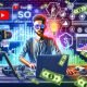 Dynamische 16:9-Illustration eines YouTubers an einem mit Technik ausgestatteten Schreibtisch, Monitoren mit Analytics und Affiliate-Dashboards sowie digitalen Symbolen für Monetarisierung und Kreativität.