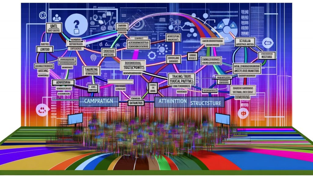 Metaphorische Marketing-Landschaft als PNG-Collage: Bunte, ineinandergreifende Linien symbolisieren verschiedene digitale Touchpoints und führen zum zentralen Punkt für Kampagnen-Attribution auf einem großen Dashboard.