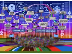 Metaphorische Marketing-Landschaft als PNG-Collage: Bunte, ineinandergreifende Linien symbolisieren verschiedene digitale Touchpoints und führen zum zentralen Punkt für Kampagnen-Attribution auf einem großen Dashboard.