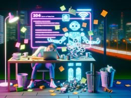 Erschöpfte Person im modernen Home-Office bei Nacht vor Laptop, umgeben von Notizen, Kaffeetassen und Papierkorb, im Hintergrund schwebender, leuchtender Workflow aus KI-Tools und Content-Bausteinen mit dem Schriftzug 'Content Blog Automatisierung 2024 – Zukunft oder Content-Chaos?'
