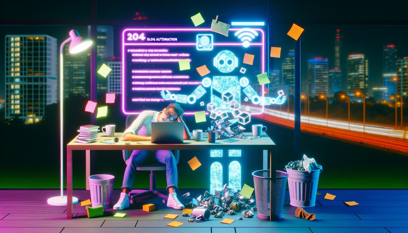 Erschöpfte Person im modernen Home-Office bei Nacht vor Laptop, umgeben von Notizen, Kaffeetassen und Papierkorb, im Hintergrund schwebender, leuchtender Workflow aus KI-Tools und Content-Bausteinen mit dem Schriftzug 'Content Blog Automatisierung 2024 – Zukunft oder Content-Chaos?'