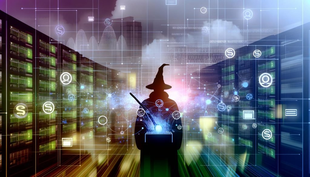 Abstraktes Titelbild mit digitalem Zauberer vor leuchtenden Datenströmen, Algorithmen-Icons, Geldsymbolen sowie Server-Racks und Monitoren im Hintergrund.