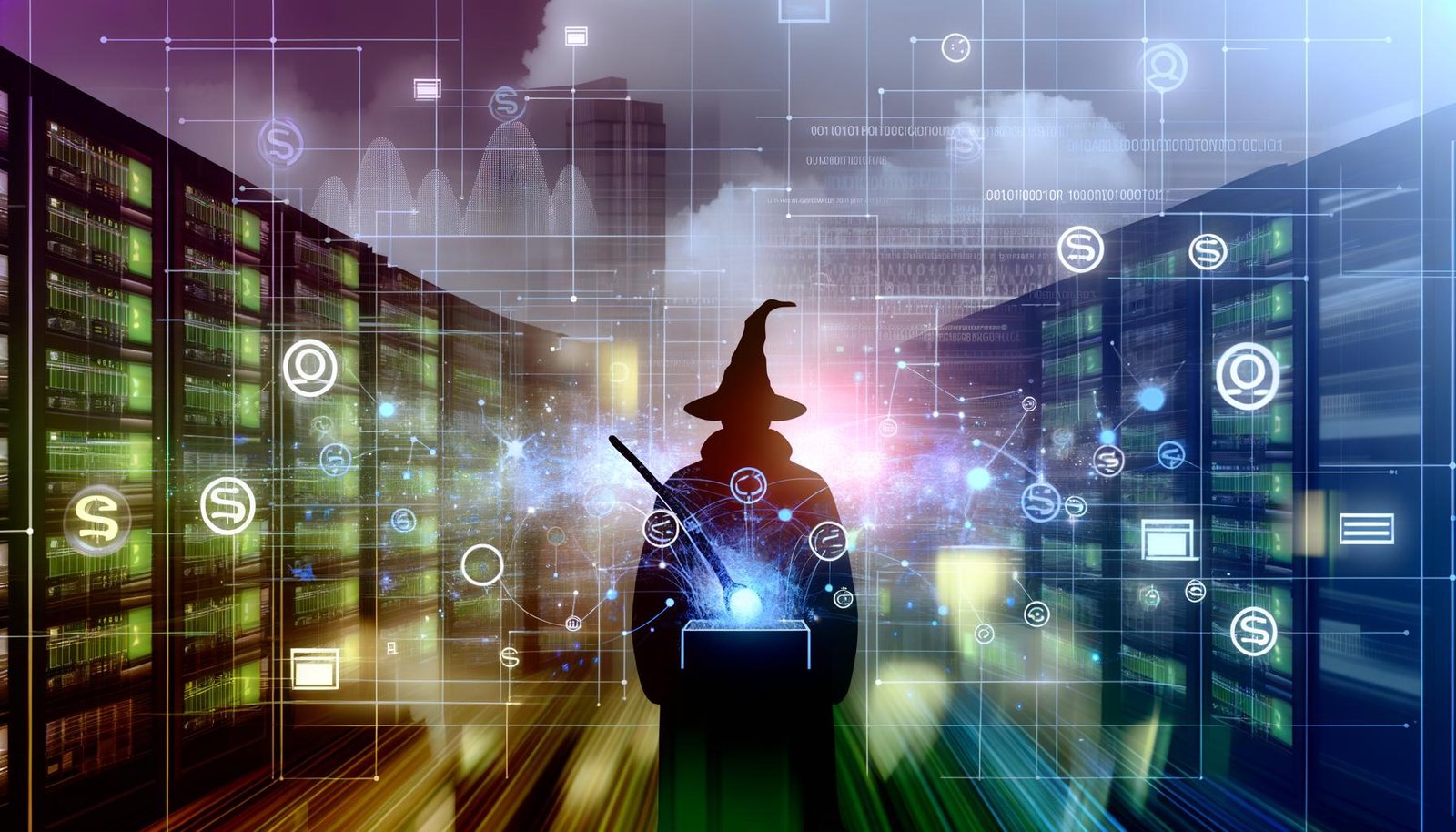 Abstraktes Titelbild mit digitalem Zauberer vor leuchtenden Datenströmen, Algorithmen-Icons, Geldsymbolen sowie Server-Racks und Monitoren im Hintergrund.