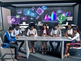 Junge Marketingfachkräfte umgeben von digitalen AR-Objekten, Frust und Begeisterung am modernen Besprechungstisch, mit holographischen Charts im Hintergrund