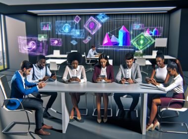 Junge Marketingfachkräfte umgeben von digitalen AR-Objekten, Frust und Begeisterung am modernen Besprechungstisch, mit holographischen Charts im Hintergrund