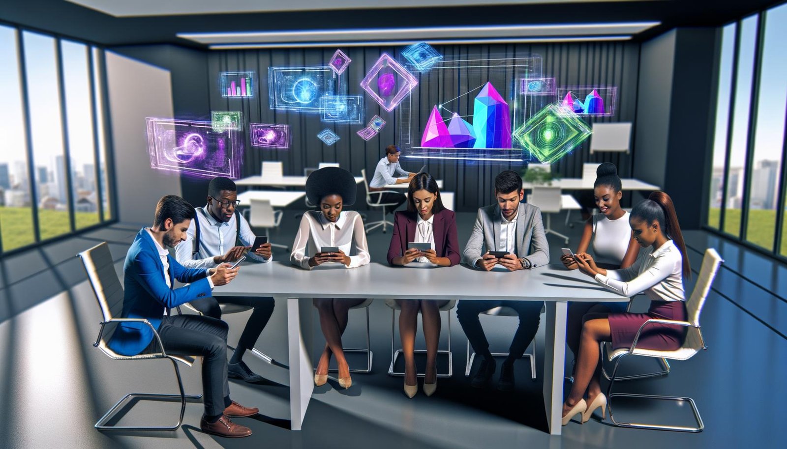 Junge Marketingfachkräfte umgeben von digitalen AR-Objekten, Frust und Begeisterung am modernen Besprechungstisch, mit holographischen Charts im Hintergrund