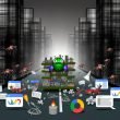 Illustration eines modernen Wettbewerbs um Sichtbarkeit in den Google-Suchergebnissen mit einer optimierten Website, chaotischen Wettbewerbern, Googlebot und SEO-Tools.