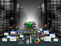 Illustration eines modernen Wettbewerbs um Sichtbarkeit in den Google-Suchergebnissen mit einer optimierten Website, chaotischen Wettbewerbern, Googlebot und SEO-Tools.