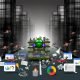 Illustration eines modernen Wettbewerbs um Sichtbarkeit in den Google-Suchergebnissen mit einer optimierten Website, chaotischen Wettbewerbern, Googlebot und SEO-Tools.