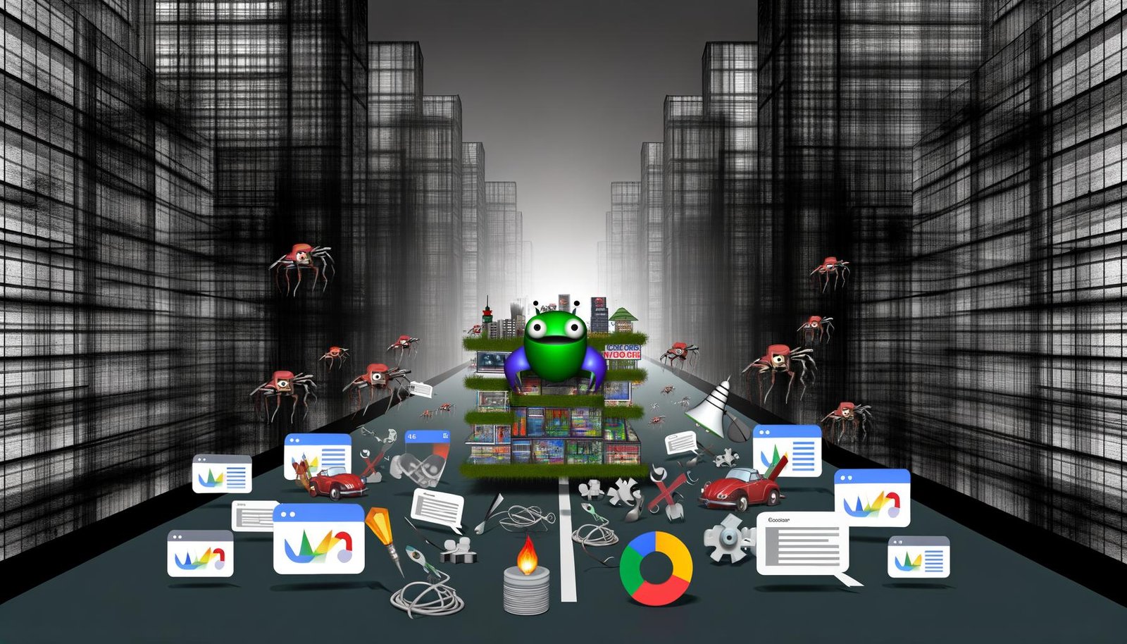 Illustration eines modernen Wettbewerbs um Sichtbarkeit in den Google-Suchergebnissen mit einer optimierten Website, chaotischen Wettbewerbern, Googlebot und SEO-Tools.