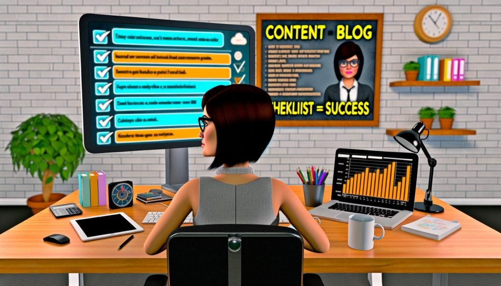 Blogger im Home-Office vor digitaler Checkliste mit SEO-Tools, Keywords-Analysen und motivierendem Arbeitsplatz