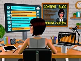 Blogger im Home-Office vor digitaler Checkliste mit SEO-Tools, Keywords-Analysen und motivierendem Arbeitsplatz