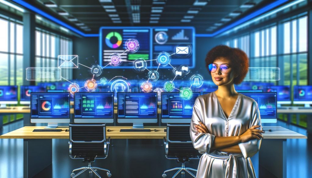 Digitaler Marketer in einem modernen Büro mit großen Monitoren, die bunte Dashboards und automatisierte Content-Pipelines für Blogs, Social Media, E-Mail und Landingpages zeigen.