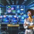 Digitaler Marketer in einem modernen Büro mit großen Monitoren, die bunte Dashboards und automatisierte Content-Pipelines für Blogs, Social Media, E-Mail und Landingpages zeigen.