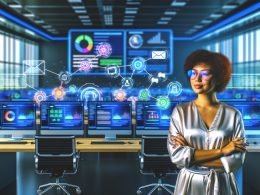 Digitaler Marketer in einem modernen Büro mit großen Monitoren, die bunte Dashboards und automatisierte Content-Pipelines für Blogs, Social Media, E-Mail und Landingpages zeigen.