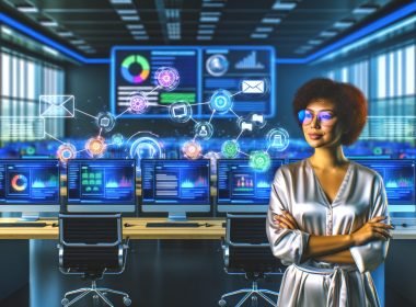 Digitaler Marketer in einem modernen Büro mit großen Monitoren, die bunte Dashboards und automatisierte Content-Pipelines für Blogs, Social Media, E-Mail und Landingpages zeigen.