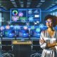 Digitaler Marketer in einem modernen Büro mit großen Monitoren, die bunte Dashboards und automatisierte Content-Pipelines für Blogs, Social Media, E-Mail und Landingpages zeigen.