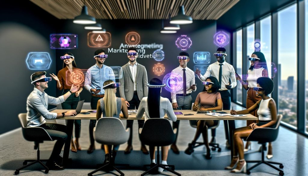 Junges, diverses Marketingteam brainstormt an einem digitalen Tisch mit holografischen AR-Visualisierungen und 3D-Produktmodellen in einem futuristischen Büro.