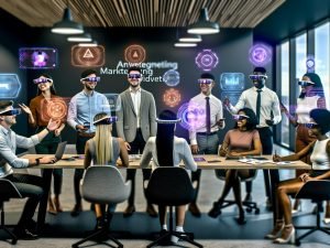 Junges, diverses Marketingteam brainstormt an einem digitalen Tisch mit holografischen AR-Visualisierungen und 3D-Produktmodellen in einem futuristischen Büro.