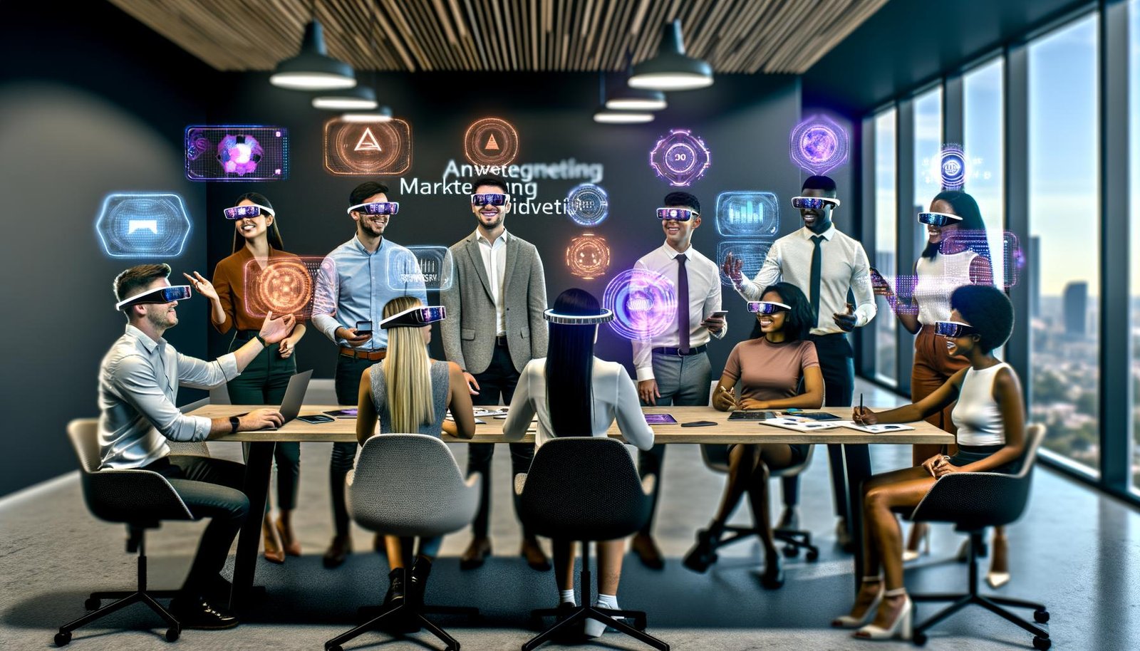 Junges, diverses Marketingteam brainstormt an einem digitalen Tisch mit holografischen AR-Visualisierungen und 3D-Produktmodellen in einem futuristischen Büro.