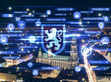 Dynamische, moderne Abendansicht von Braunschweig mit erhellter Innenstadt, lokalen Unternehmen, digitalen Startups, zentralem Löwen-Symbol im Vordergrund und stilisierten SEO- sowie Google-Icons im Hintergrund.