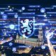 Dynamische, moderne Abendansicht von Braunschweig mit erhellter Innenstadt, lokalen Unternehmen, digitalen Startups, zentralem Löwen-Symbol im Vordergrund und stilisierten SEO- sowie Google-Icons im Hintergrund.