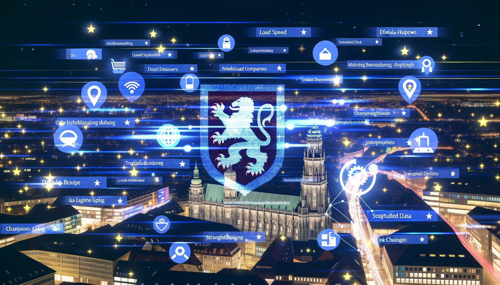 Dynamische, moderne Abendansicht von Braunschweig mit erhellter Innenstadt, lokalen Unternehmen, digitalen Startups, zentralem Löwen-Symbol im Vordergrund und stilisierten SEO- sowie Google-Icons im Hintergrund.